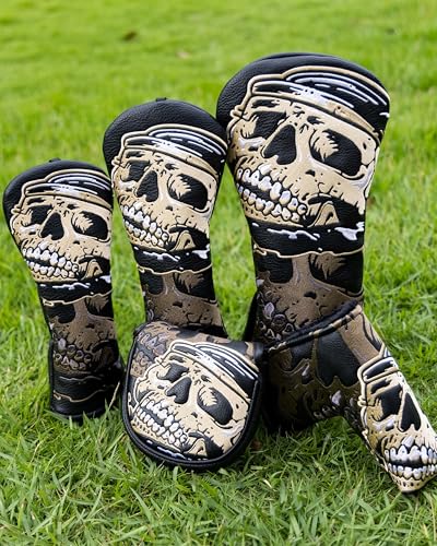 Golf Club Covers, Black Gold Skeleton Driver Covers Fairway Wood Headcover Hybrid Cover Leather Mallet Putter Covers Blade Headcovers Golf Head Covers with Magnetic Closure for Most Brand