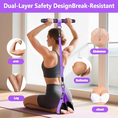 Bbtops Pedal Resistance Band with Handle for Women Men, Purple | 30-120LBS Adjustable, 3-Tube Foot Resistance Bands, Core Abs Legs Arms Training, Portable Sit Up Exercise Equipment