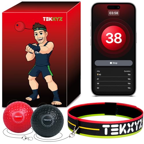 TEKXYZ® Reflex Ball with Counter App & Online Community, 2 Difficulty Levels Boxing Ball with Headband, Perfect for Reaction, Agility, Punching Speed, Fight Skill & Hand Eye Coordination Training - color: Black/Red