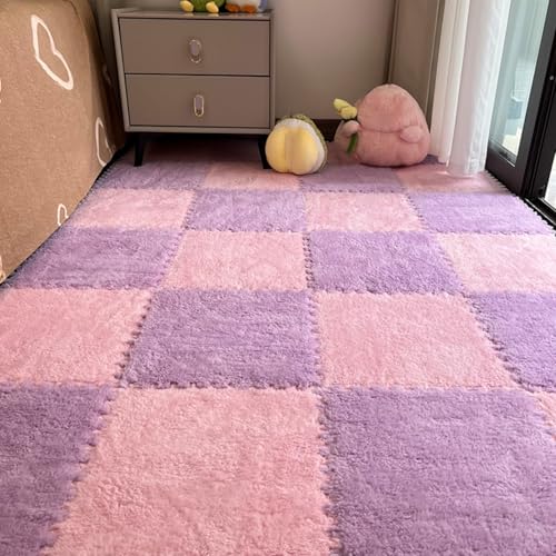 12Pcs Plush Foam Floor Mat,Plush Interlocking Carpet Tiles,Anti-Slip Square Puzzle Floor Mat,EVA Foam Area Rugs for Bedroom Playroom (Pink+Purple) - color: Pink+purple