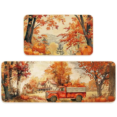 FYSUIMU Fall Kitchen Mats Fall Harvest Rugs Set of 2 Watercolor Autumn Maple Scene Pumpkin Truck Non-Slip Floor Mat Thanksgiving Aesthetic Decorative Bath Rugs for Home, 17 x 29 Inch & 17 x 47 Inch