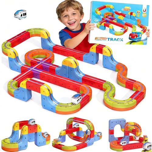 Electric Train Set, 3D Infinity Racer Train Tracks, DIY Toy Car Track, Modular Building Blocks Freely Assembled, STEM Learning Toy Fun Gifts for Kids Toddlers Boys & Girls (68pcs)