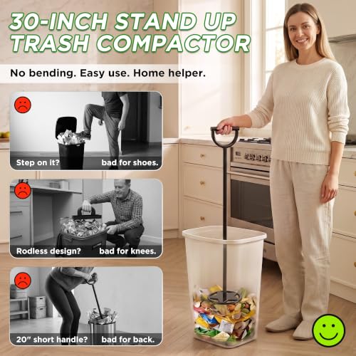 Trash Compactor for Kitchen - 30" All-Metal Manual Garbage Compactor, No Electric Tamper Trash Can Compacting Tool for Home & Outdoor Bins, Stand to Easily Compact Trash - No Bend, Squat, or Stomp - size: 30"