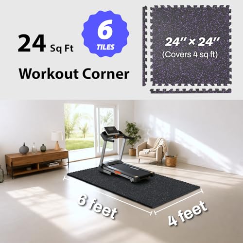 AIRHOP 1'' Ultra-Thick 24 Sq Ft Rubber Top Gym Flooring for Home Gym | 6 Tiles, High Density EVA Foam, Waterproof & Non-Slip Rubber, Interlocking Puzzle Mats, Heavy Duty Floor Protection, 24"x24" - color: Black/Purple, size: 24 Sq Ft (6 Tiles)