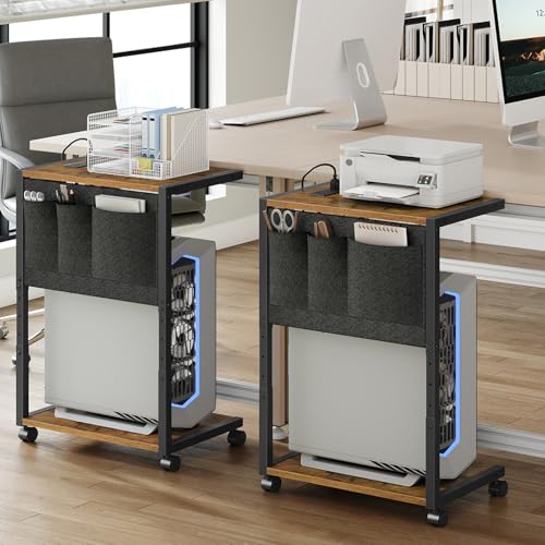 YATINEY PC Stand, Computer Tower Stand with Charging Station, Height Adjustable PC Tower Stand for Floor, 2 Tier Computer Cart On Wheels, 23.1"-29"H,19.7"L x 11"W, for Home Office, Rustic Brown CJ60BR - color: Rustic Brown + Black