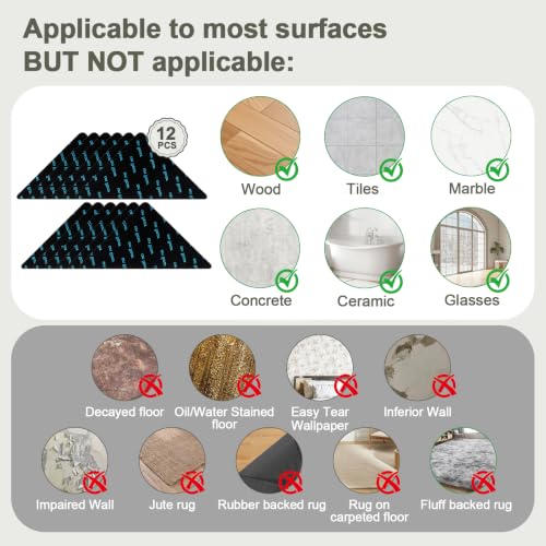 12 Pcs Rug Grip Pads for Hardwood Floors and Tiles, Non Slip Rug Grippers, Heavy Duty Corner Grippers for Rugs, Washable & Reusable Carpet Tape Alternative, Keep Rugs in Place & Corners Flat