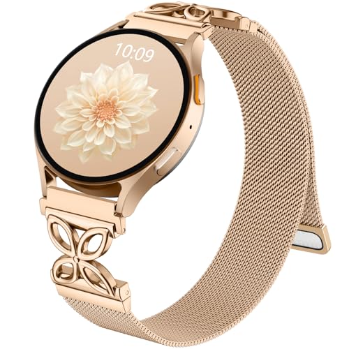 Getino Floral Metal Band Compatible with Galaxy Watch 7 Band 6 5 4 FE Active 2 40mm 44mm/Galaxy Watch 5 pro 45mm, 20mm Magnetic Strap for Samsung Watch Bands Women Stainless Steel Milanese Loop - color: Rose Gold
