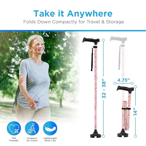 NOVA Foldable Quad Cane for Seniors, Self Standing Adjustable Walking Cane with Pivoting Quad Tip, Lightweight Collapsible Mobility Aid, Bonus Carry Pouch & Replacement Tips, Pink Floral - color: Pink Floral