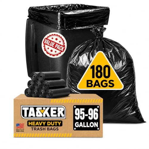 Tasker 95 Gallon Trash Bags Heavy Duty |180 Bags Bulk Pack| 95-96 Gallon, Extra Large XL Black Garbage Bags, Can Liners Fit 90-100 Gallon Cans, Outdoor Yard Waste, Commercial Industrial - size: 180 Count (Pack of 1)