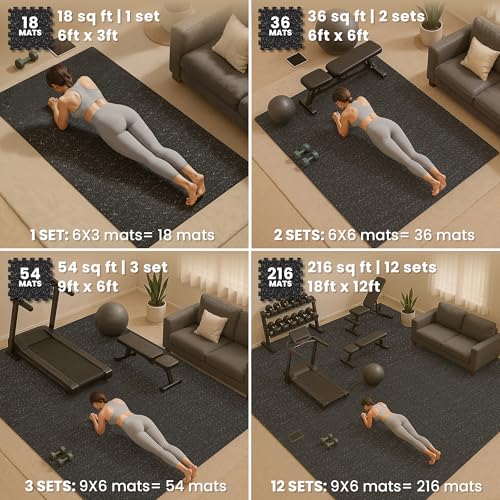 bemaxx Gym Mats Set - 18 pcs EVA Interlocking Foam Floor Tiles (12.6"x12.6"x0.4") 18sqft Protective Gym Flooring Sports Home Workout Exercise Mats Puzzle Garage Fitness Play-Room Pool Treadmill Bike - color: Rubber Top, size: 18 Tiles | 18 sq ft