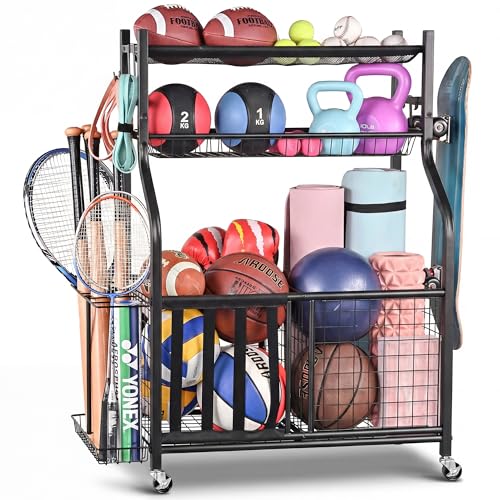 PLKOW Sports Equipment Storage for Garage, Indoor/Outdoor Sports Rack for Garage, Ball Storage Garage Organizer with Basket and Hooks,Toy/Sports Gear Storage - color: Black, 36" L x 16.4" W x 44.3" H
