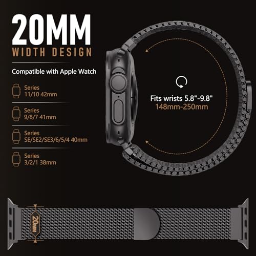 Milanese Loop Compatible with Apple Watch Band 40mm 41mm 42mm 38mm Men Women, Magnetic Buckle Strap Stainless Steel Mesh Metal Bands for iWatch Series 11 10 9 8 7 6 5 4 3 SE3/2/1 - color: 02-Black, size: 38/40/41/42mm(s10/11)