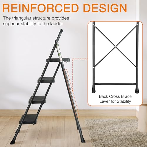 Arbusb Step Ladder, Folding Step Stool with Wide Anti-Slip Pedals, Sturdy Steel Ladder with Handrail, Space-Saving, Portable for Home & Adults, 4 Step Ladder - size: 4-step
