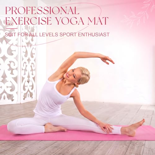 Funtery 3 mm Thin Yoga Mats Bulk, 68 x 24 Inches Lightweight PVC Exercise Mats Non Slip Workout Fitness Pads for Yoga Pilates Stretching Classes Gym Home Studio - color: Pink Series Color