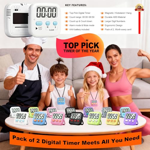 Antonki 2 Pack Digital Timer for Kids, Magnetic Countdown Kitchen Timers for Cooking, Egg, Classroom, Teacher, Exercise, Study, Oven - Battery Included - color: 2 * Classic White ( 97%+choice )