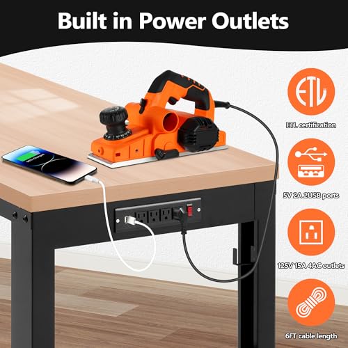 Antifir 48” Adjustable Workbench，Heavy Duty Wood Work Bench 2000 Lbs Load Capacity,Work Table with Power Outlet and Wheels for Garage, Workshop, Office, Home - size: 48x20" With Wheel