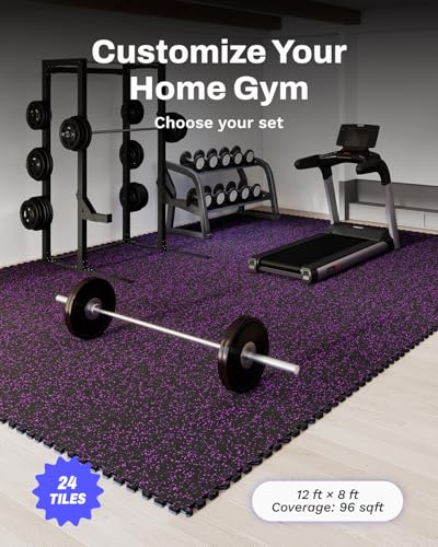 AIRHOP 0.56in Thick 96 Sq Ft Exercise Equipment Mats, 24 Tiles Upgraded Rubber Top with High Density EVA Foam, Large Interlocking Puzzle Gym Flooring for Home Gym, Heavy Weight Workout, 24 x 24in - color: Black/Purple, size: 96 Sq Ft (24 Tiles)