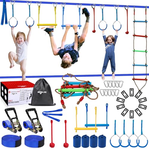 Ninja Warrior Obstacle Course for Kids,2×56ft Slackline Kit with 10 Ninja Accessories - Monkey Bar,Rope Ladder,Gymnastic Ring,Arm Trainer and Monkey Fist+Fast-Setup Buckles,Supports 880 lbs - size: 10 Obstacles