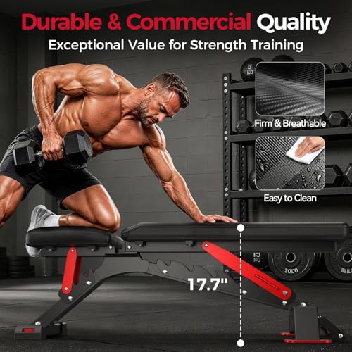 FLYBIRD WB7 Weight Bench, 1300LBS Commercial Adjustable Weight Bench, Workout Bench for Home Gym, Flat Incline Bench Press Heavy Duty Bench with 34'' Extra-Long Backrest and Easy-Roll Wheels - color: Black & Red