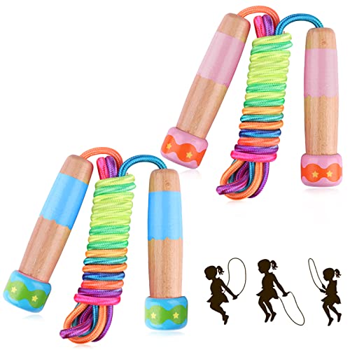 Jump Rope for Kids, Lorvain Adjustable Skipping Rope, Kids Jump Ropes with Wooden Handle for Girls Boys, Weighted Jumping Ropes for Fitness Workout Exercise Outdoor Fun Activity - color: Rainbow-2pcs