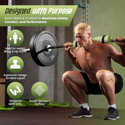 Barbell Pad for Squats & Hip Thrusts – 1.2” Extra-Thick High-Density Foam – Non-Slip Neck & Shoulder Support Cushion – Fits Olympic & Standard Bars – Quick On/Off Design + 2 Securing Straps - color: Green
