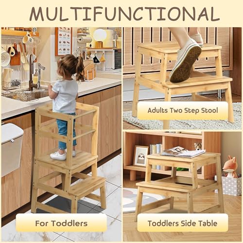 Elevon Kitchen Step Stool with Safety Rail, Multipurpose Standing Support Platform, Wooden Anti-Slip Step with Stable A-Frame Structure for Home Use, Natural - color: Bulywood