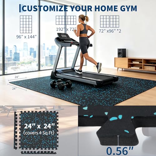 Garvee Exercise Equipment Mats 0.56" Thick 48 Sq ft Gym Flooring – 12 Tiles (24" x 24") Rubber Top with High Density EVA Foam, Interlocking Puzzle Workout Mats for Home Gym Exercise– Black/Blue