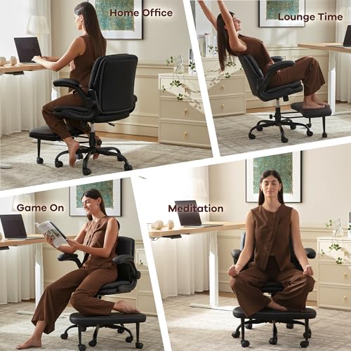 AreShark Cross Legged Office Chair,ADHD Criss Cross Desk Chair with Wheels & Stretchable Rotating Footrest,Height Adjustable Wide Yoga Kneeling Meditation Chair with Flip-up Armrests Back Support - color: Black