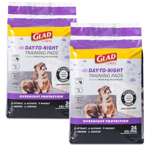 Glad for Pets Day to Night Activated Carbon Puppy Training Pads Odor Control Disposable Dog Pads Adhesive Wall Protection Leak Proof Super Absorbent 30 x 36 Inch 24 Count 2 Pack Indoor Training - color: Giant, size: 30" x 36" - 48 Count