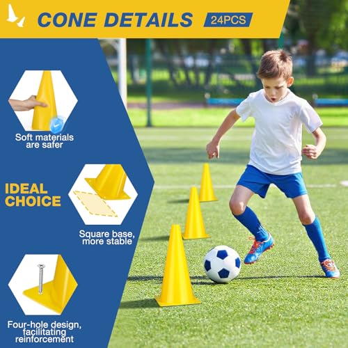 12 Inch Sports Cones Set of 24,Durable Training Cones for Soccer,Football, Basketball Drills - Multi-Purpose Agility Cones for Indoor & Outdoor Practice - color: yellow