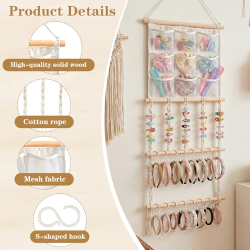 Hair Clip Holder Organizer Macrame Bow Organizer for Girls,Headband Holder Hair Accessories Storage Large Capacity Wall Hanging for Door Bedroom Wardrobe Home Decor (Beige A) (Beige B) - color: Beige B