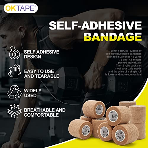 OK TAPE 12 Rolls Self Adhesive Bandage Wrap, Elastic Athletic Tape, Self Stick Bandage Tape, Vet Wrap, Medical Wrap for Wrist, Feet, 2" x 5 Yards - Beige - color: Beige, size: 2 Inch