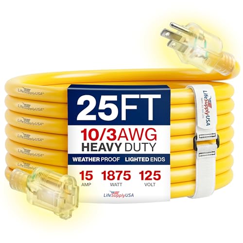 25ft Outdoor/Indoor Extension Cord 10/3 Gauge Ultra Heavy Duty 3 Prong SJTW, Waterproof, Flexible Cold-Resistant Long Power Cord,15A 125V 1875W, Yellow by LifeSupplyUSA - color: Yellow, size: 25 FT, style: 10AWG