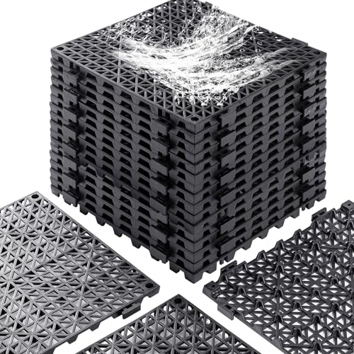 12” x 12” Drainage Interlocking Floor Tiles, 12 Pack Non-Slip Pool Deck Drain Mats for Flooring, Soft PVC Splicing Modular Cushion Mats, Rubber Floor Tiles with Holes for Shower Basement Garage Shed - size: Black