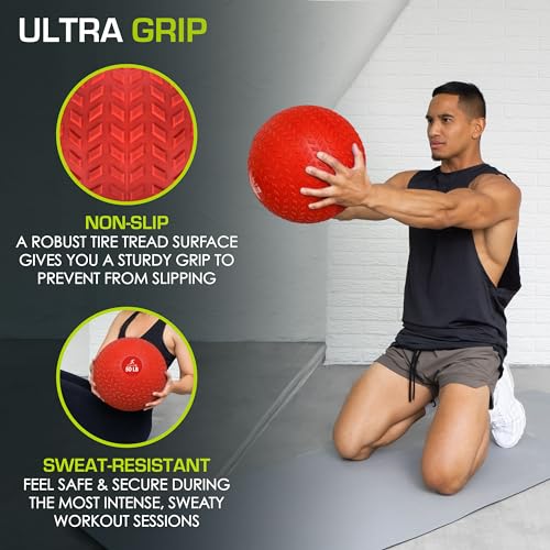ProsourceFit Slam Medicine Balls 5, 10, 15, 20, 25, 30, 50lbs Smooth and Tread Textured Grip Dead Weight Balls for Strength and Conditioning Exercises, Cardio and Core Workouts - color: Red, size: 50 LB