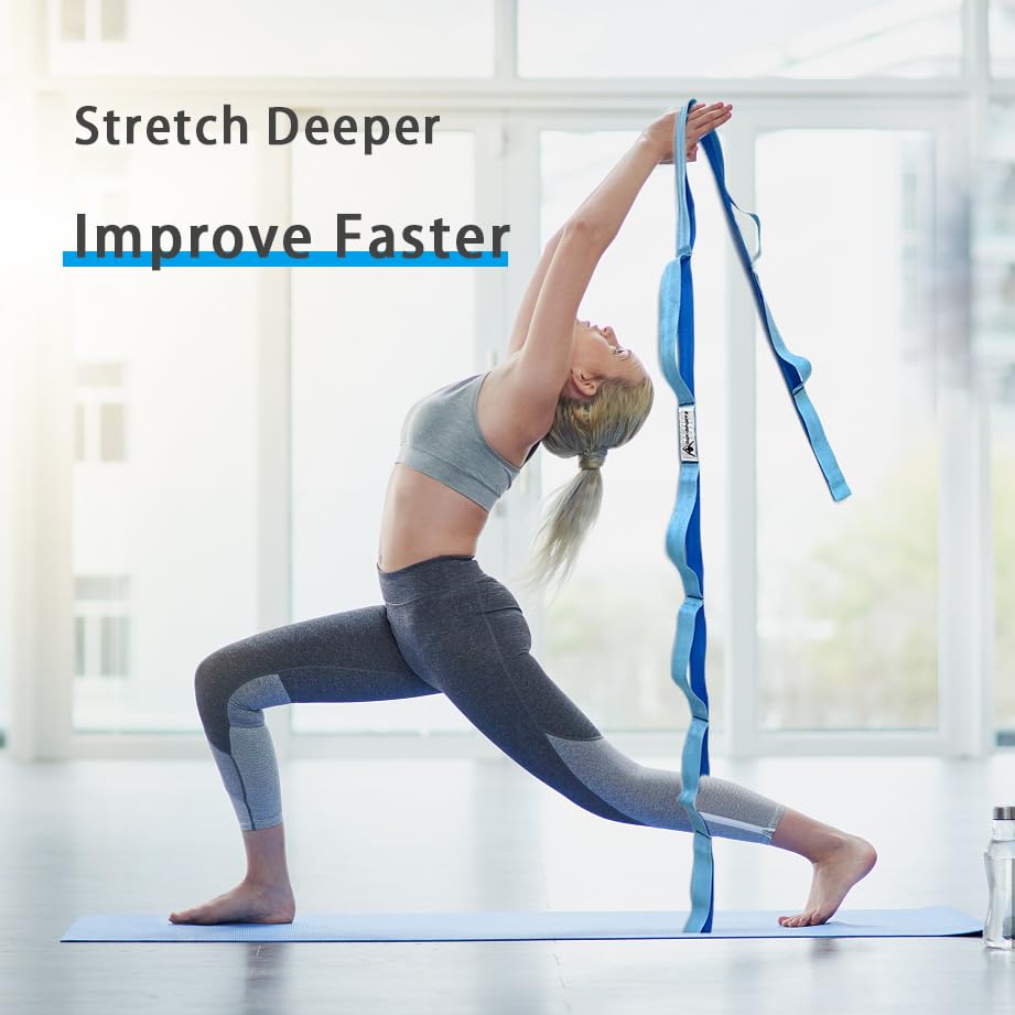 Stretching Strap Yoga Strap with Loops, Stretch Straps for Physical Therapy, Non-Elastic Exercise Strap for Pilates, Dance and Gymnastics with Workout Guide - color: Blue/Light Blue