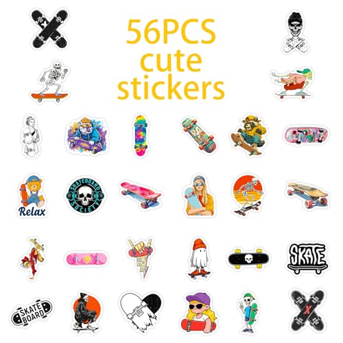 56PCS Skateboarding Stickers Aesthetic PET Transparent Stickers Graffiti Butterfly Decals Waterproof Decorative Decals for Scrapbook Journal Planner Water Bottles Phone Cases Laptops - color: Skateboard