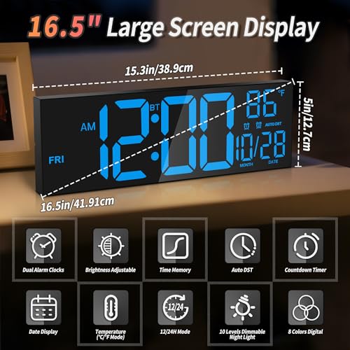 16.5" Digital Wall Clock with Bluetooth Auto-Sync, Large LED Display, Smart Auto Dimming, DST, Remote Control, Night Light, Date & Temperature for Living Room,Black - color: Balck-blue