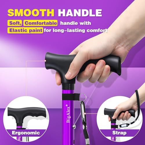 BigAlex Folding Walking Cane for Elderly Adjustable & Portable Walking Stick for Seniors,Pivoting Quad Base,Lightweight,Collapsible with Carrying Bag for Men/Woman - color: Purple(4'9"-5'6")
