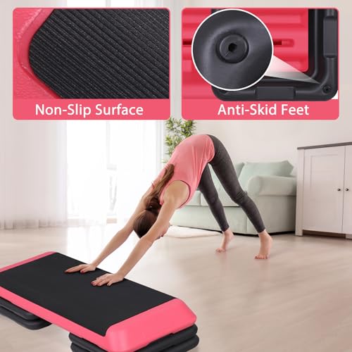 Adjustable Workout Aerobic Stepper, Exercise Step Platform Trainer with 4 Risers,Non-Slip Surface for Home Gym Workout Training - color: Pink
