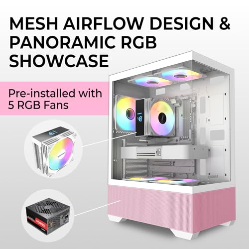 Raidmax i802 Vibe Series ATX Mid Tower Gaming Case Bundle – Tempered Glass Side Panel, Includes 700W 80+ Power Supply, AM1204 Digital Display Air Cooler, and 5 Pre-Installed FRGB Fans (Pink) - color: Pink