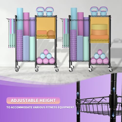 Dumbbell Rack, Home Gym Storage with Locking Wheels & 4 Hooks, 4 Tier Adjustable Workout Equipment Storage for Yoga Mat, Foam Roller, Dumbbell, Kettlebell, Fitness Ball and Resistance Band