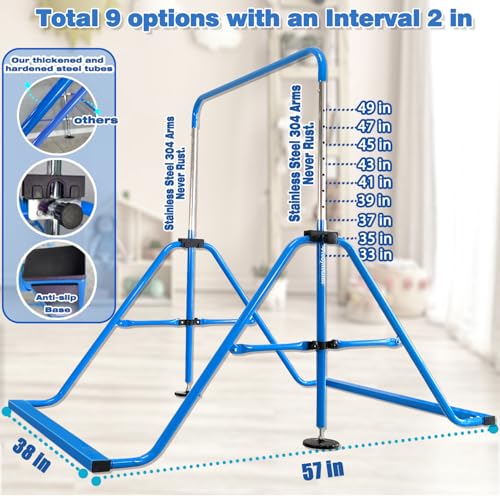 Folding Gymnastics Bar with Rings, Foldable Kip Bar with Sturdier Base, Training Bar for Kids Ages 3-10, Horizontal Bar, Home Gym Equipment for Boy Girl - color: Blue, style: Foldable Bar