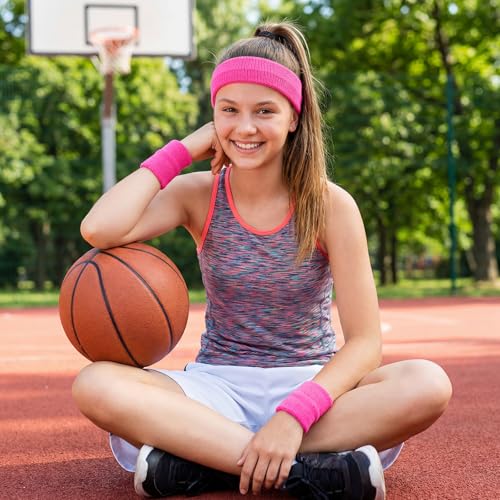 Sucrain 3 Pieces Sweatbands Set, 1 Pieces Sports Headband and 2 Pieces Wristbands,Wicking Sweat Head Band for Youth Womens Men - color: Pink