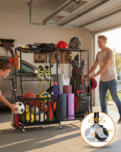 EXTCCT Garage Sports Equipment Organizer with Wheels - Golf Bag Storage Rack and Ball Storage Bins, Heavy Duty Rolling Garage Organizer System with Basket and Hooks for Indoor (Black-Large) - color: Black - Large