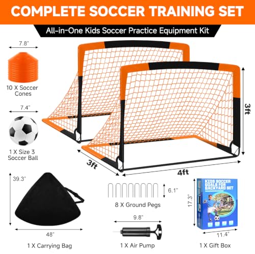 Soccer Goal, Kids Soccer Goals for Backyard Set- 2 Pack of Portable Pop Up Soccer Nets with Ball,Cones,Soccer Training Equipment for Toddler,Youth Outdoor Backyard Game - color: Orange Black, size: 4x3FT
