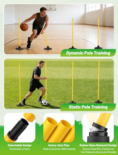 GHB Agility Poles 4 Pack 50" Sports Soccer Training Poles | Detachable Speed Training Equipment Football Accessories with Rubber Base - size: C.Rubber Base+Rebound Spring
