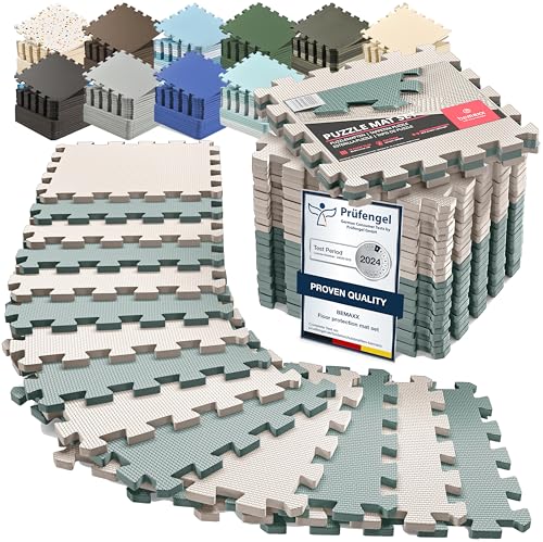 bemaxx Gym Mats Set - 18 pcs EVA Interlocking Foam Floor Tiles (12.6"x12.6"x0.4") 18sqft Protective Gym Flooring Sports Home Workout Exercise Mats Puzzle Garage Fitness Play-Room Pool Treadmill Bike - color: Sage Grey Duo, size: 18 Tiles | 18 sq ft