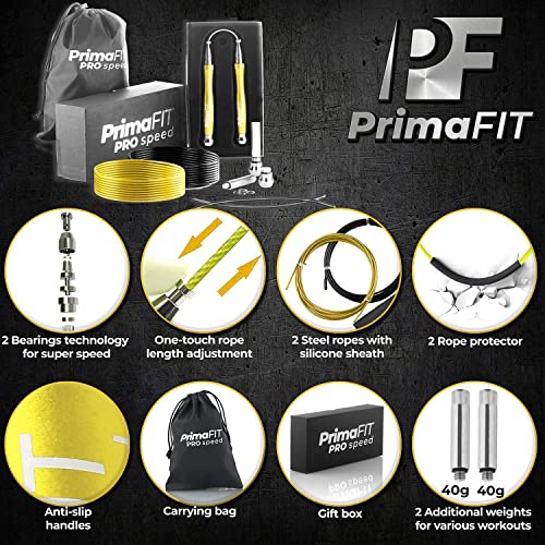 PrimaFIT Pro Speed Jump Rope for Adults, Weighted Skipping Rope for Boxing | Adjustable Jumping Rope for Fitness Workout & CrossFit Exercise, Double Unders, Handle Weights, 3m Cables 2 Protectors, Bag - color: Golden