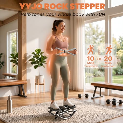YYJO Rock Stepper with Mat and Resistance Bands | Side to Side Rocking Fitness, Low-Impact Quiet Balance Board, Cardio Exercise Equipment, Home Office or Recovery